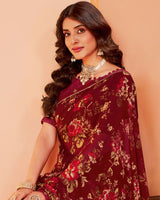 Vishal Prints Wine Red Printed Georgette Saree With Fancy Border