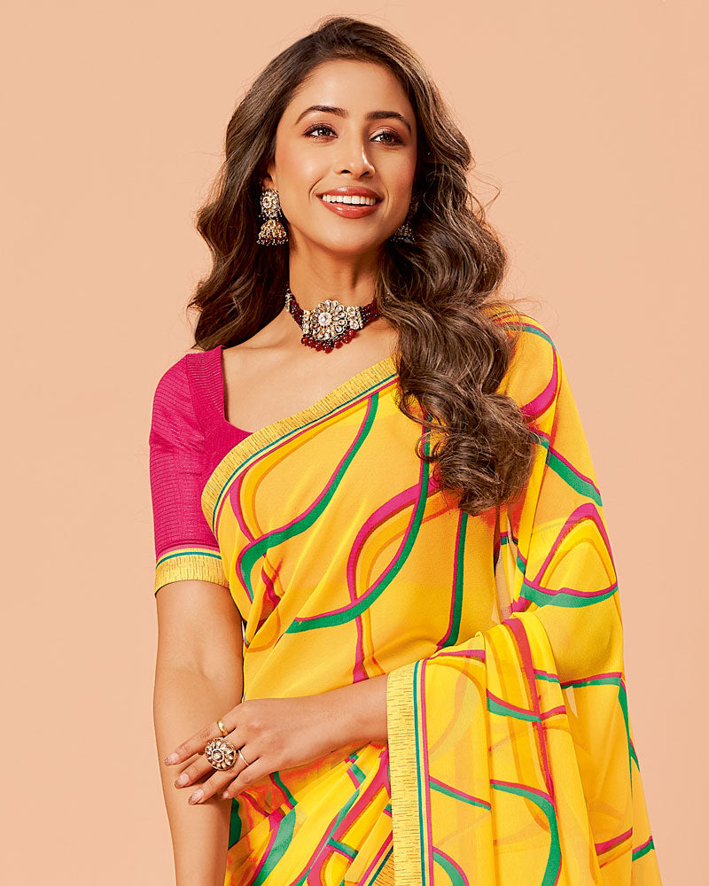 Vishal Prints Sunglow Yellow Printed Georgette Saree With Fancy Border