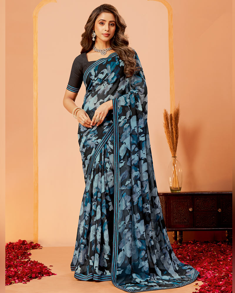 Vishal Prints Charcoal Black And Neptune Green Printed Georgette Saree With Fancy Border