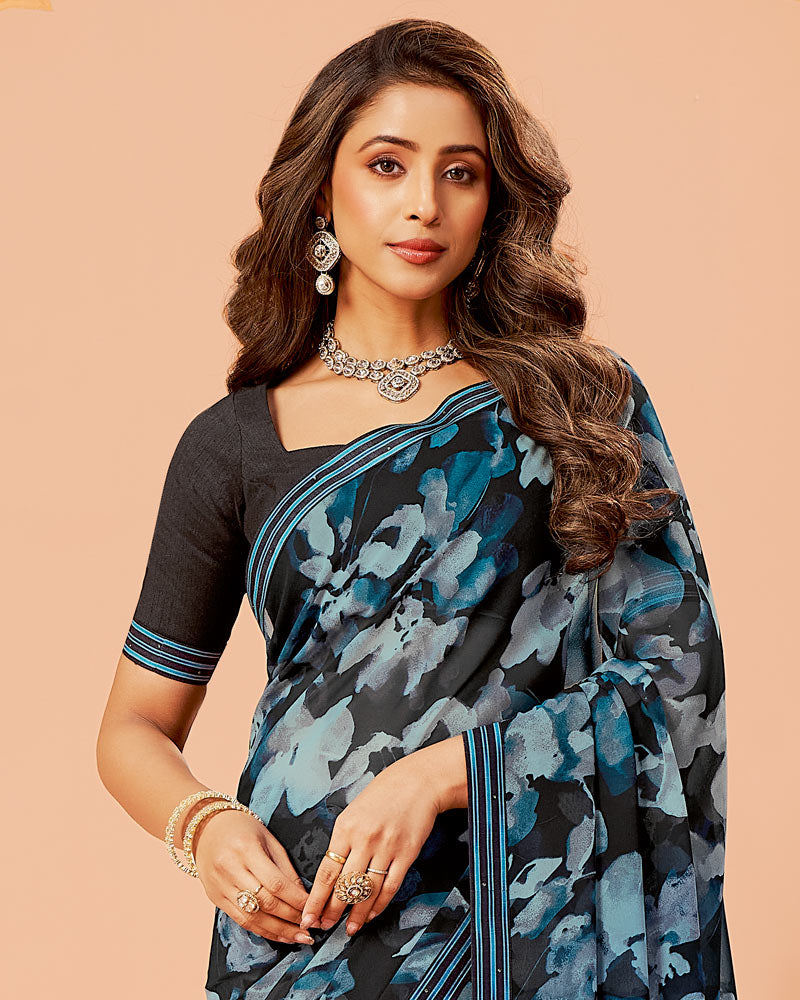 Vishal Prints Charcoal Black And Neptune Green Printed Georgette Saree With Fancy Border