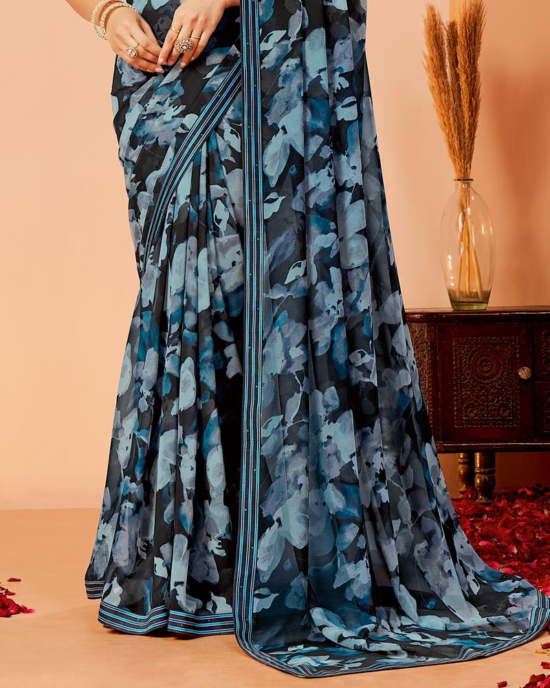 Vishal Prints Charcoal Black And Neptune Green Printed Georgette Saree With Fancy Border