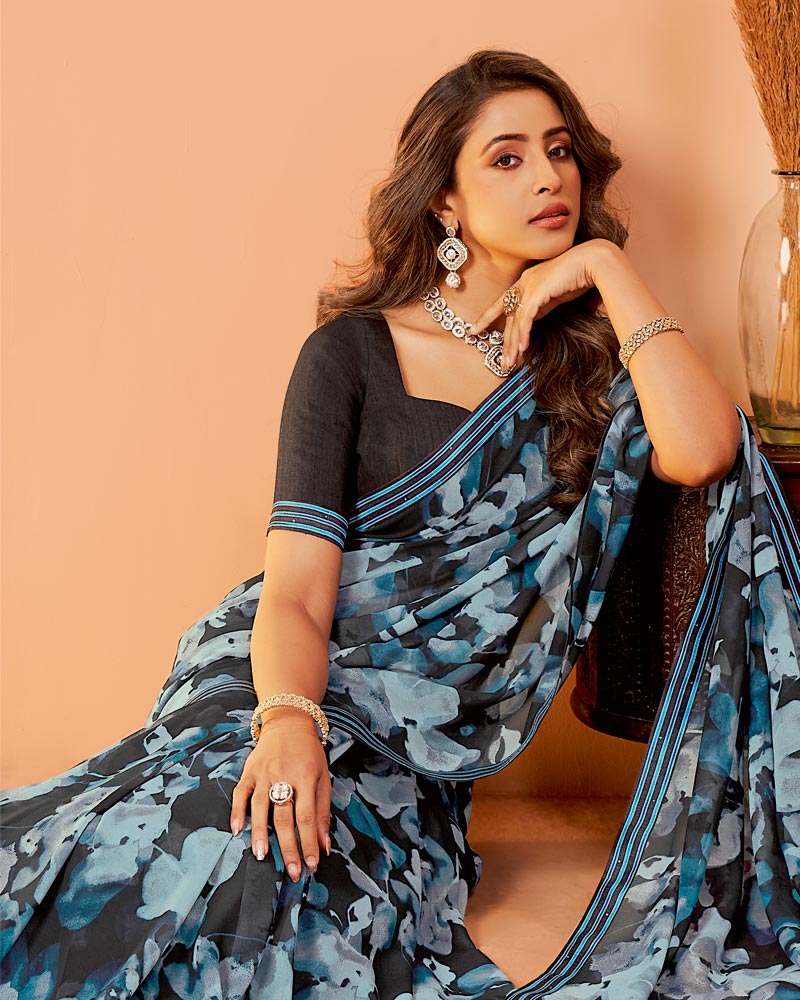 Vishal Prints Charcoal Black And Neptune Green Printed Georgette Saree With Fancy Border