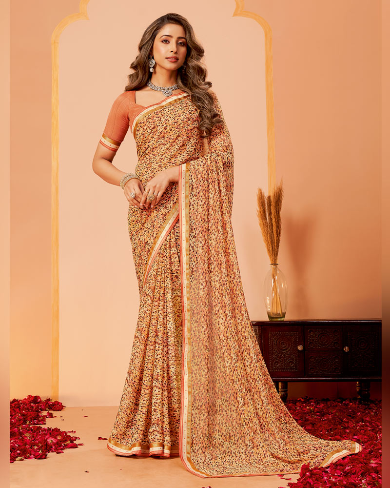 Vishal Prints Persian Orange Printed Georgette Saree With Fancy Border
