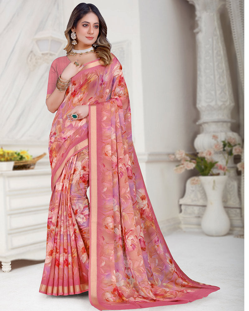 Vishal Prints Dusty Pink Digital Print Criva Crepe Saree With Weaved Viscose Border