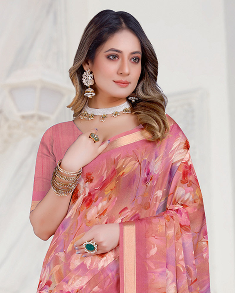 Vishal Prints Dusty Pink Digital Print Criva Crepe Saree With Weaved Viscose Border
