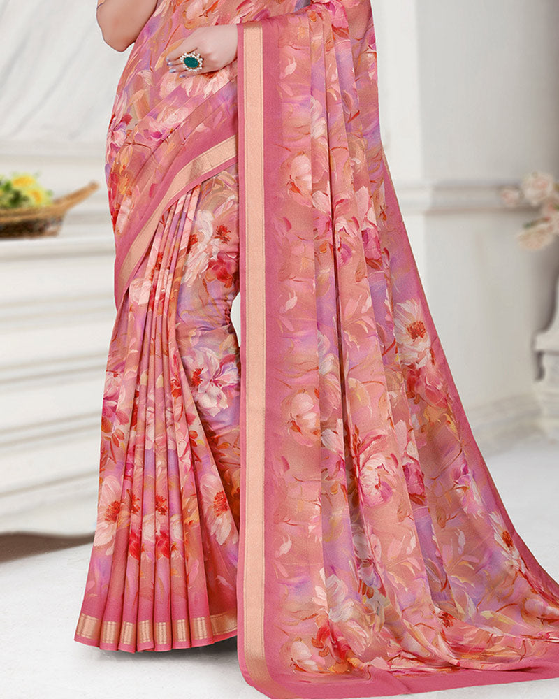 Vishal Prints Dusty Pink Digital Print Criva Crepe Saree With Weaved Viscose Border