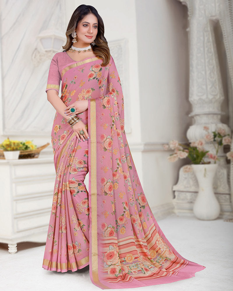Vishal Prints Dusty Pink Digital Print Criva Crepe Saree With Weaved Viscose Border