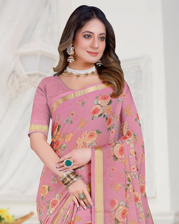 Vishal Prints Dusty Pink Digital Print Criva Crepe Saree With Weaved Viscose Border