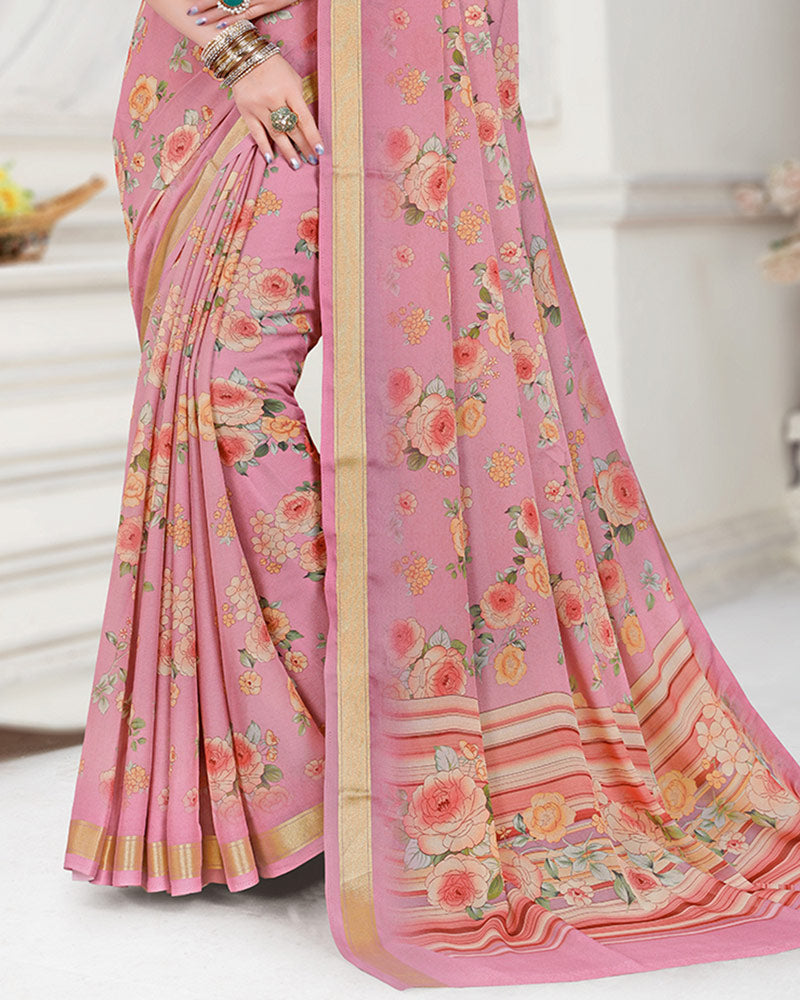 Vishal Prints Dusty Pink Digital Print Criva Crepe Saree With Weaved Viscose Border
