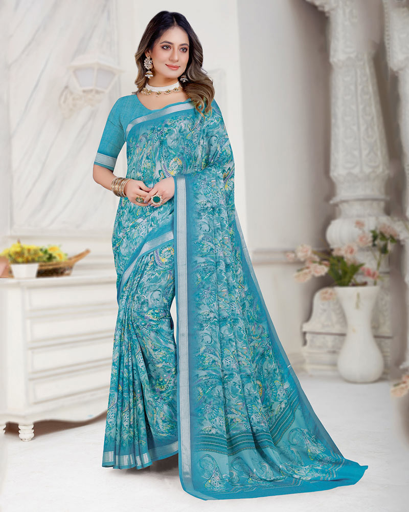 Vishal Prints Celestial Blue Digital Print Criva Crepe Saree With Weaved Viscose Border