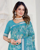 Vishal Prints Celestial Blue Digital Print Criva Crepe Saree With Weaved Viscose Border