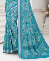 Vishal Prints Celestial Blue Digital Print Criva Crepe Saree With Weaved Viscose Border