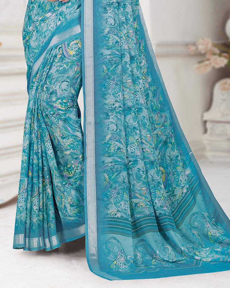 Vishal Prints Celestial Blue Digital Print Criva Crepe Saree With Weaved Viscose Border