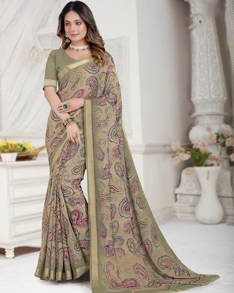 Vishal Prints Grey Olive Digital Print Criva Crepe Saree With Weaved Viscose Border