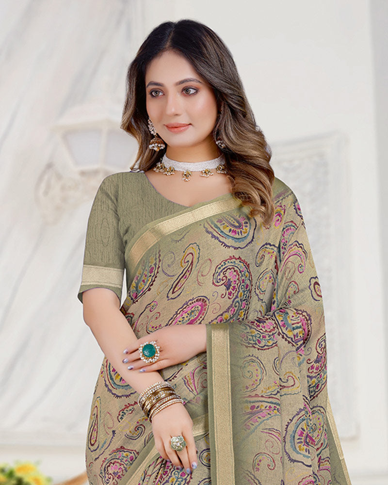 Vishal Prints Grey Olive Digital Print Criva Crepe Saree With Weaved Viscose Border
