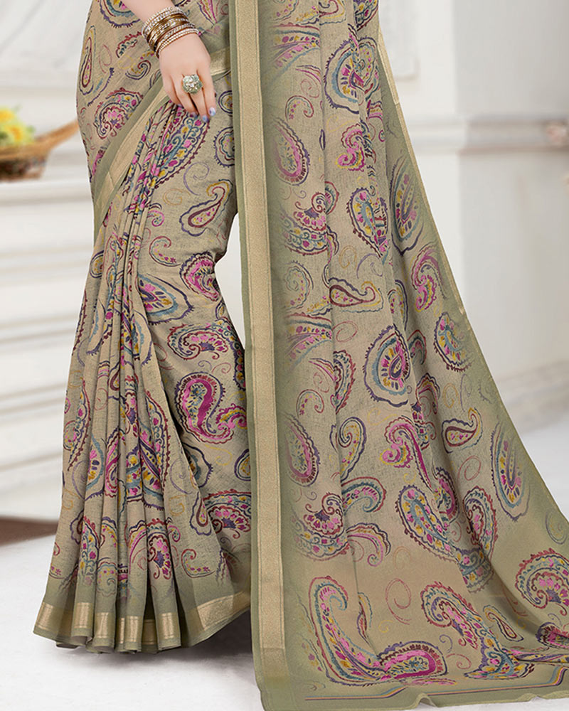 Vishal Prints Grey Olive Digital Print Criva Crepe Saree With Weaved Viscose Border