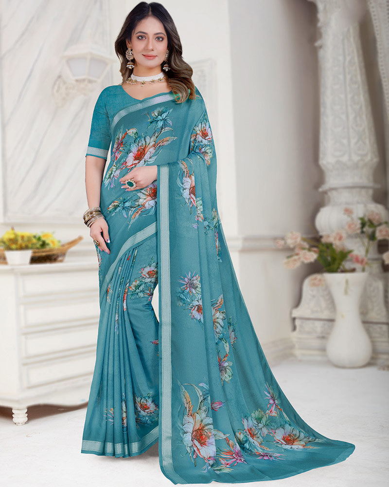Vishal Prints Faded Dusty Blue Digital Print Criva Crepe Saree With Weaved Viscose Border