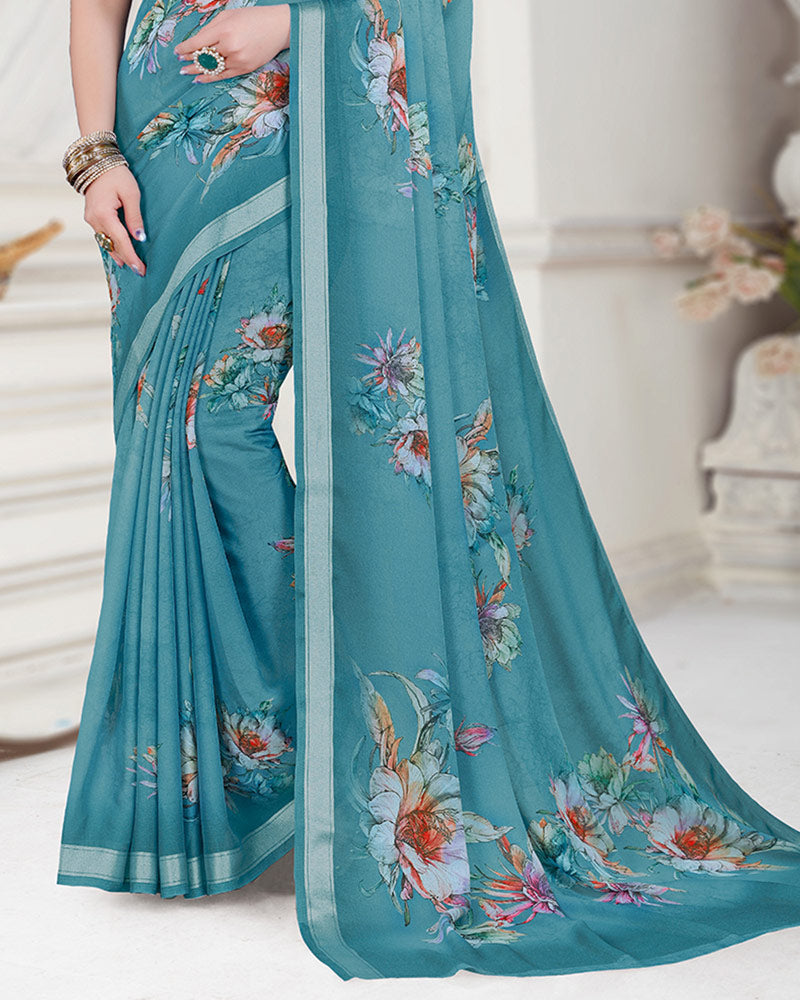 Vishal Prints Faded Dusty Blue Digital Print Criva Crepe Saree With Weaved Viscose Border