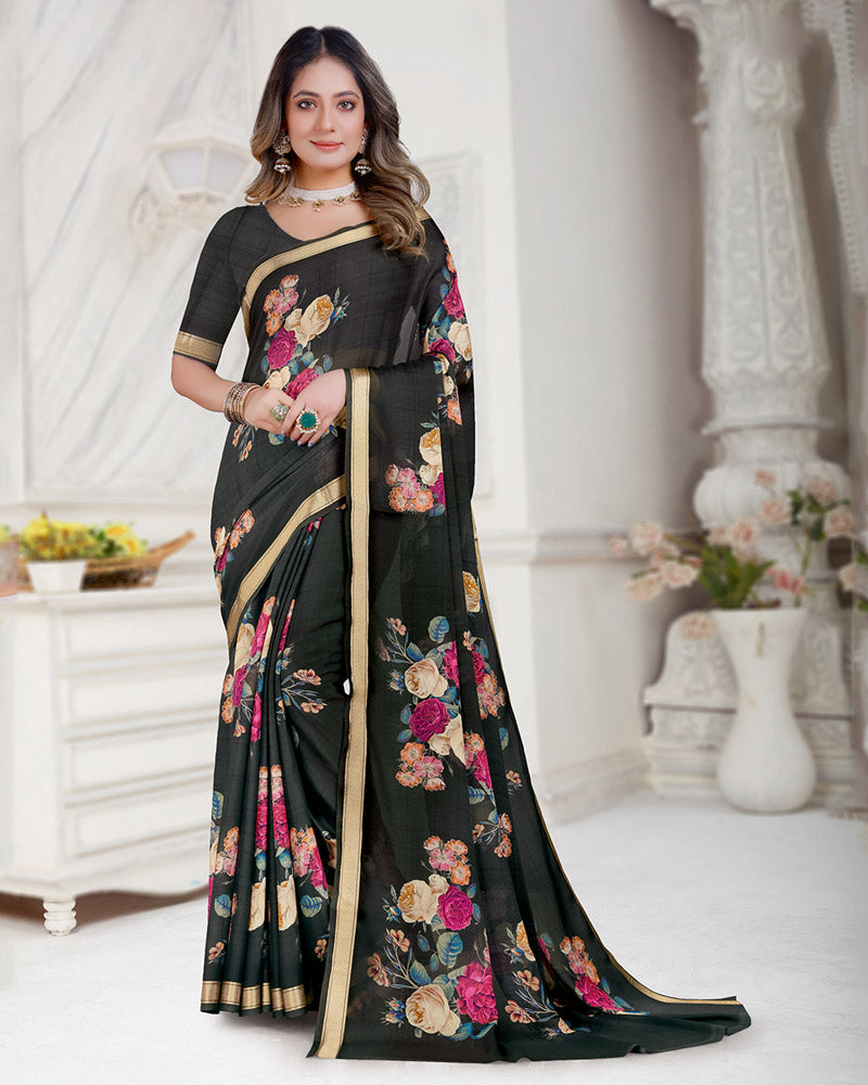 Vishal Prints Smoky Black Digital Print Criva Crepe Saree With Weaved Viscose Border