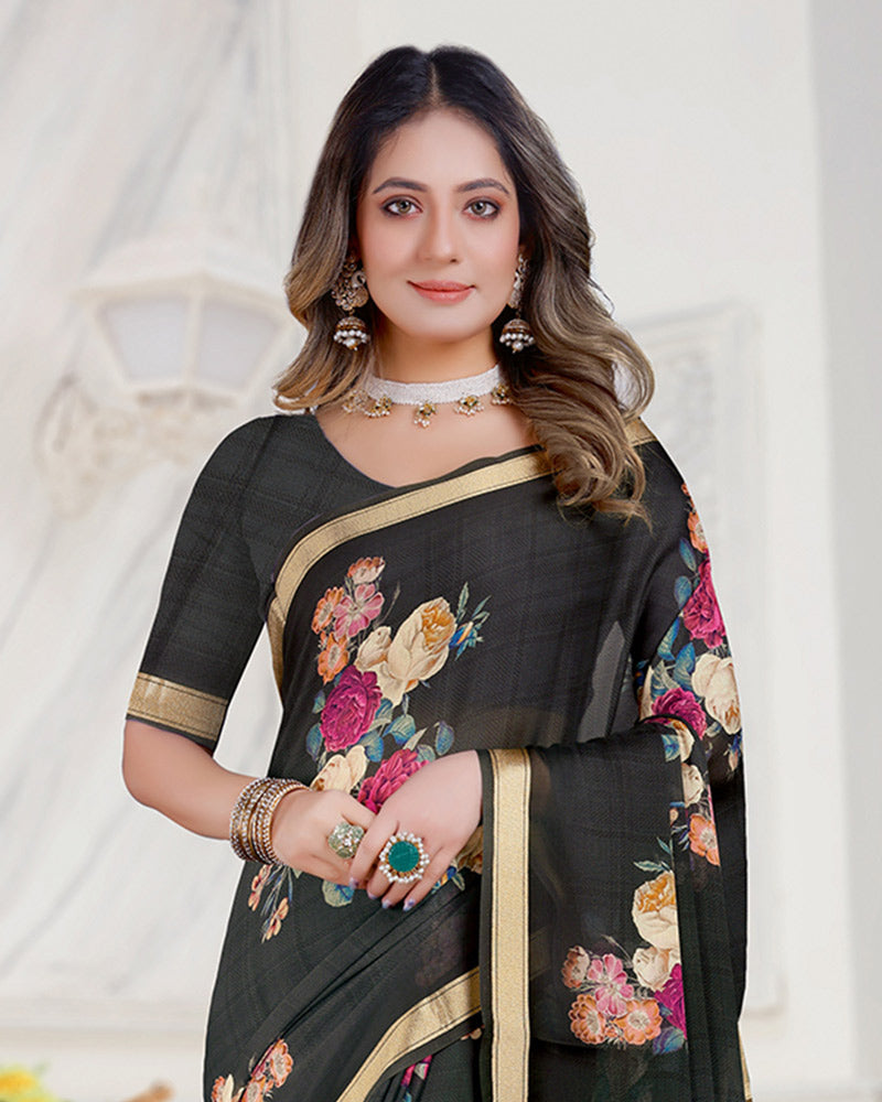 Vishal Prints Smoky Black Digital Print Criva Crepe Saree With Weaved Viscose Border