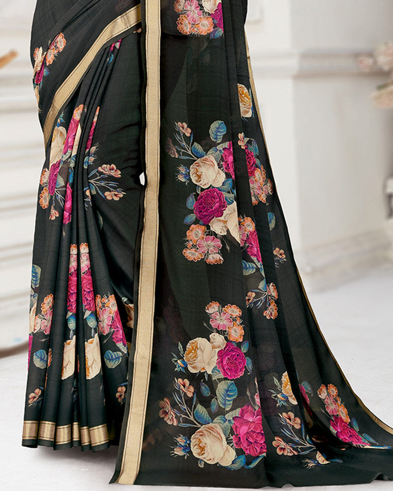 Vishal Prints Smoky Black Digital Print Criva Crepe Saree With Weaved Viscose Border