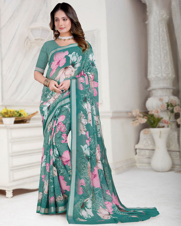 Vishal Prints Faded Jade Green Digital Print Criva Crepe Saree With Weaved Viscose Border