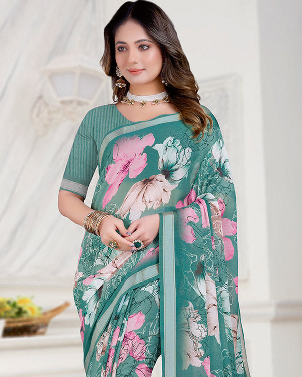 Vishal Prints Faded Jade Green Digital Print Criva Crepe Saree With Weaved Viscose Border