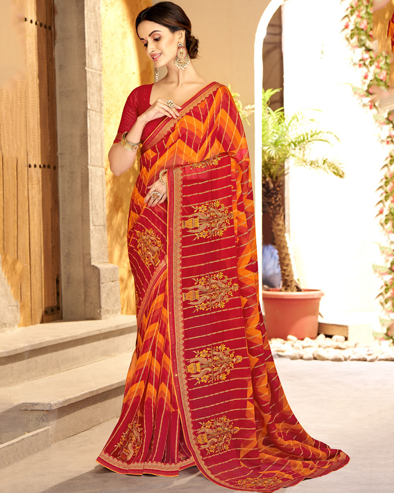 Vishal Prints Dark Red Patterned Chiffon Designer Saree With Embroidery And Diamond