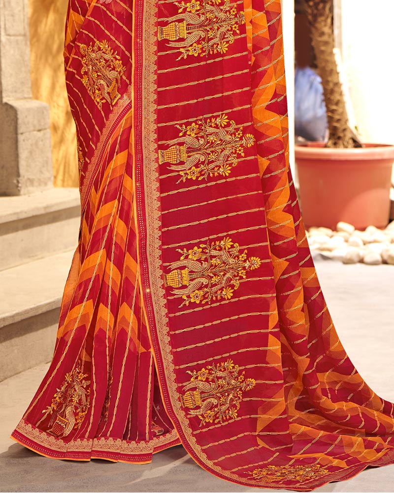 Vishal Prints Dark Red Patterned Chiffon Designer Saree With Embroidery And Diamond
