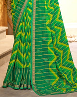 Vishal Prints Dark Green Patterned Chiffon Designer Saree With Patch Work And Diamond