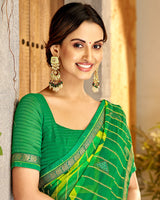 Vishal Prints Dark Green Patterned Chiffon Designer Saree With Patch Work And Diamond