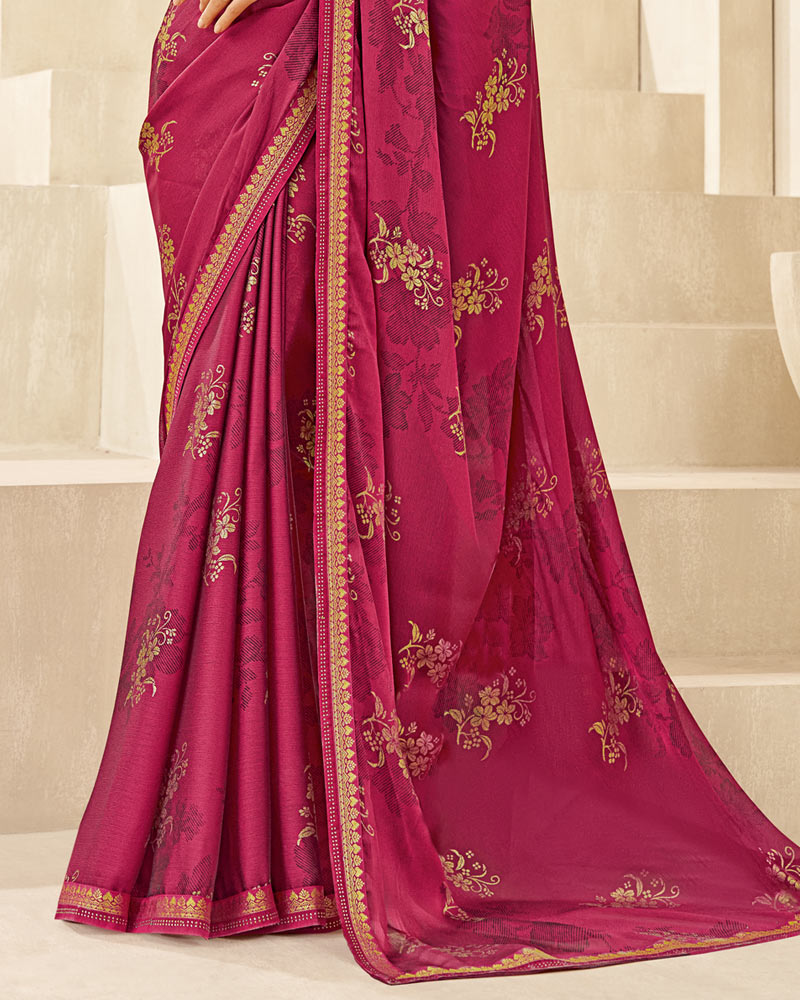 Vishal Prints Brick Red Printed Chiffon Saree With Foil Print And Fancy Border