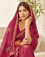 Vishal Prints Brick Red Printed Chiffon Saree With Foil Print And Fancy Border