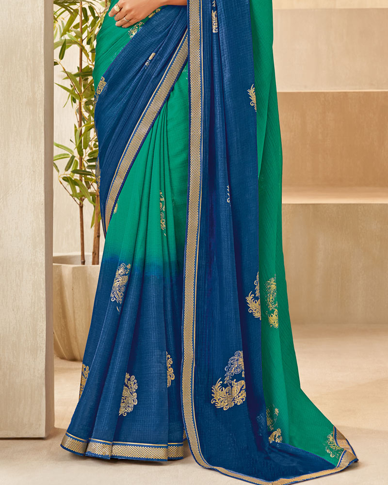 Vishal Prints Dark Mint Green Printed Chiffon Saree With Foil Print And Zari Border
