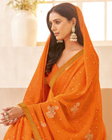 Vishal Prints Orange Printed Chiffon Saree With Foil Print And Zari Border