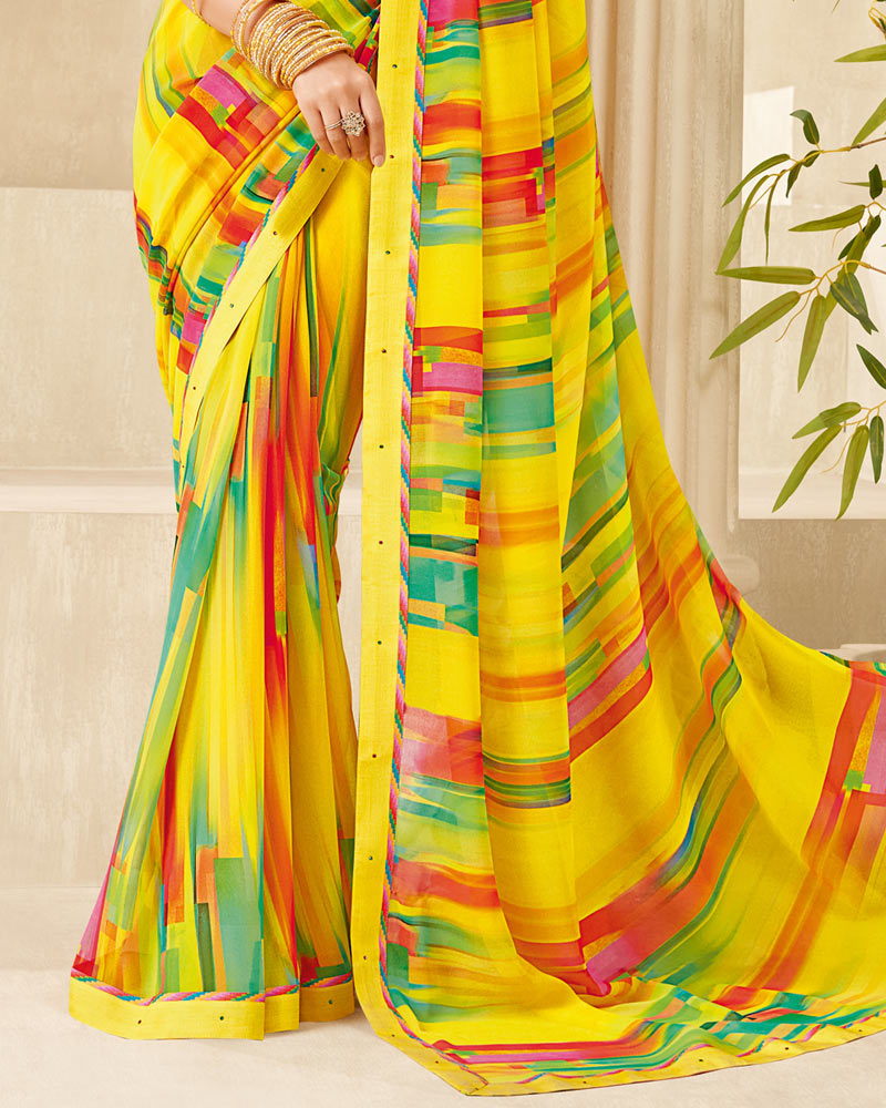 Vishal Prints Pastel Yellow Printed Georgette Saree With Fancy Border