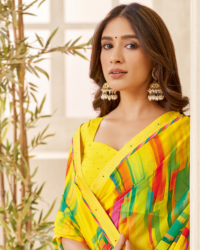 Vishal Prints Pastel Yellow Printed Georgette Saree With Fancy Border
