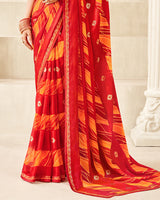Vishal Prints Cherry Red Printed Chiffon Saree With Foil Print And Fancy Border