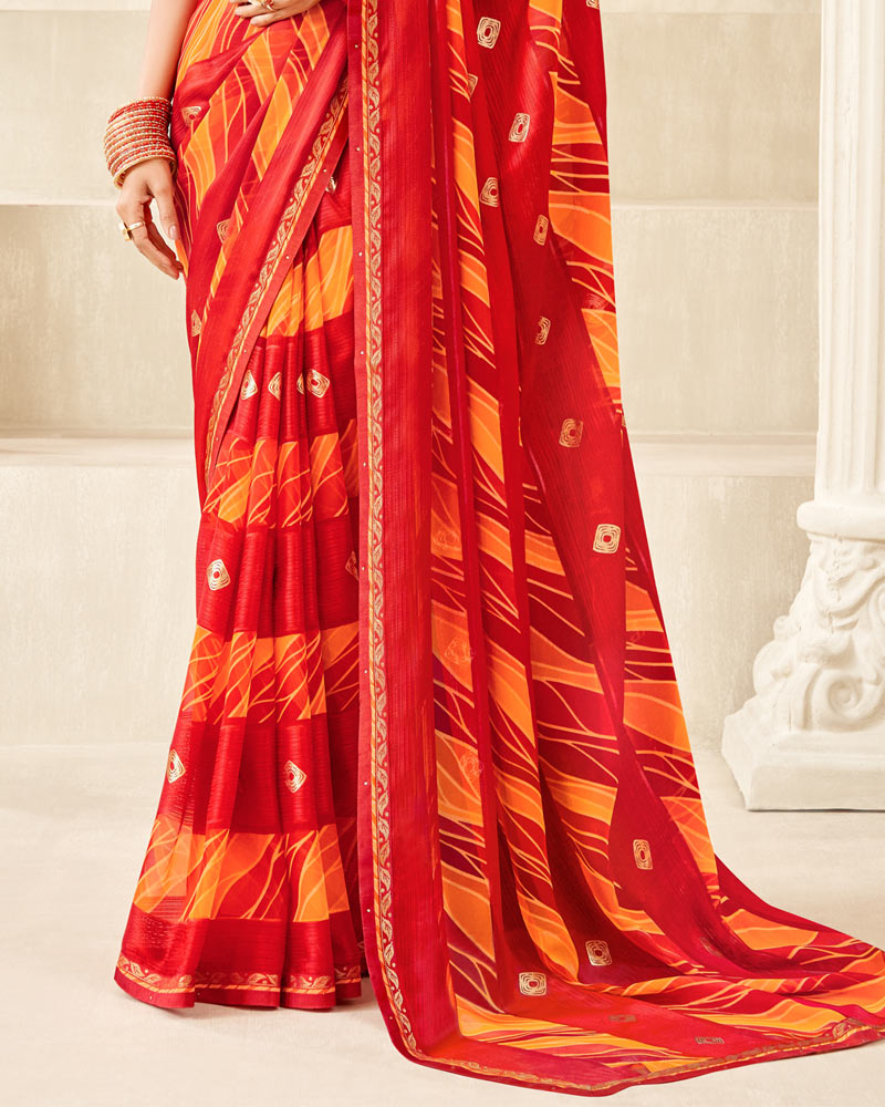 Vishal Prints Cherry Red Printed Chiffon Saree With Foil Print And Fancy Border