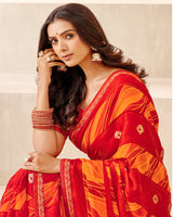 Vishal Prints Cherry Red Printed Chiffon Saree With Foil Print And Fancy Border