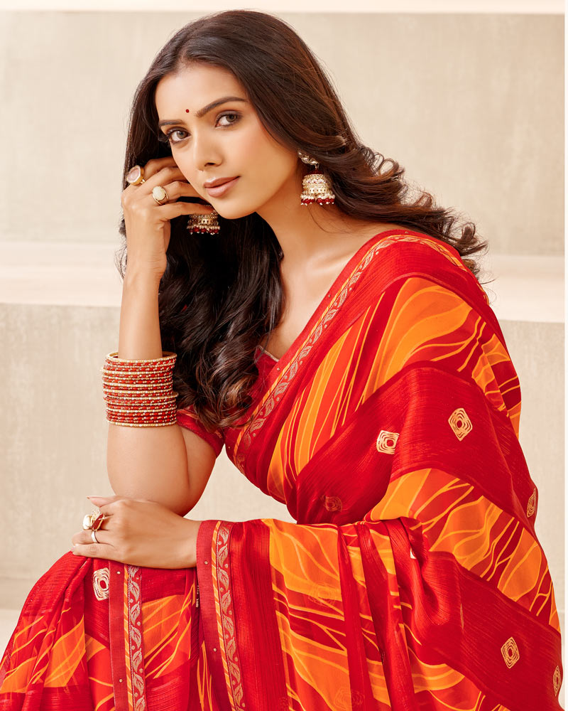Vishal Prints Cherry Red Printed Chiffon Saree With Foil Print And Fancy Border