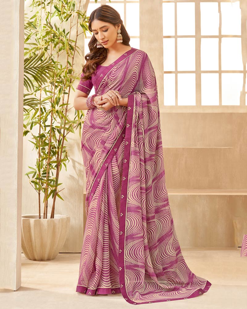 Vishal Prints Mulberry Pink Printed Chiffon Saree With Fancy Border