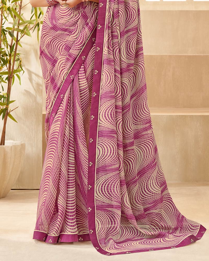 Vishal Prints Mulberry Pink Printed Chiffon Saree With Fancy Border