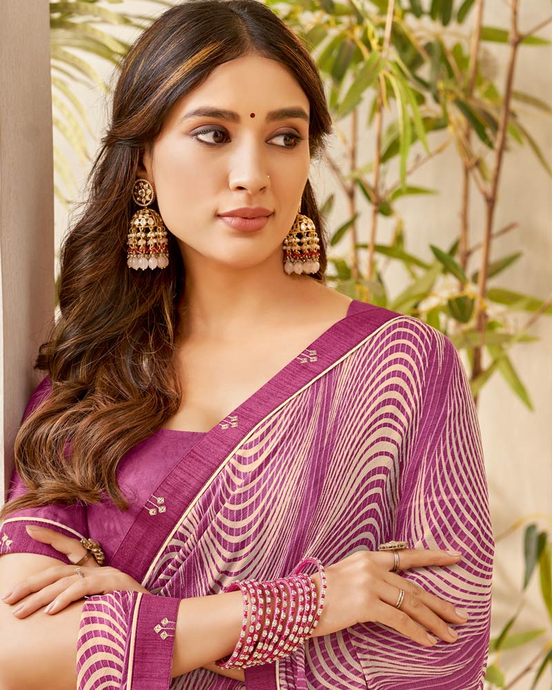 Vishal Prints Mulberry Pink Printed Chiffon Saree With Fancy Border