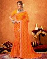 Vishal Prints Dark Orange Chiffon Saree With Embroidery Work And Zari Border