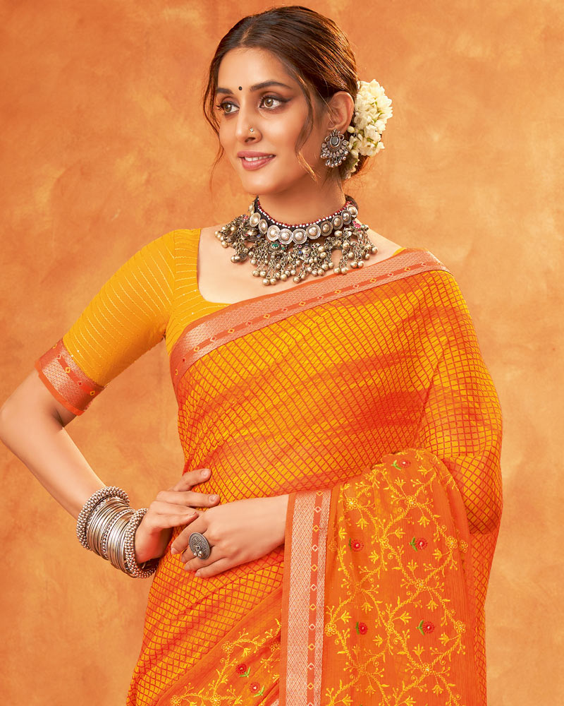 Vishal Prints Dark Orange Chiffon Saree With Embroidery Work And Zari Border
