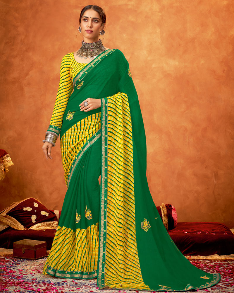 Vishal Prints Green And Yellow Chiffon Saree With Embroidery Work And Zari Border