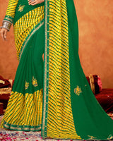 Vishal Prints Green And Yellow Chiffon Saree With Embroidery Work And Zari Border