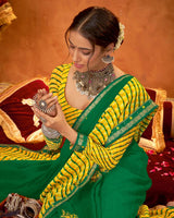 Vishal Prints Green And Yellow Chiffon Saree With Embroidery Work And Zari Border