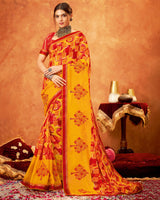 Vishal Prints Orange Chiffon Saree With Embroidery Work And Zari Border